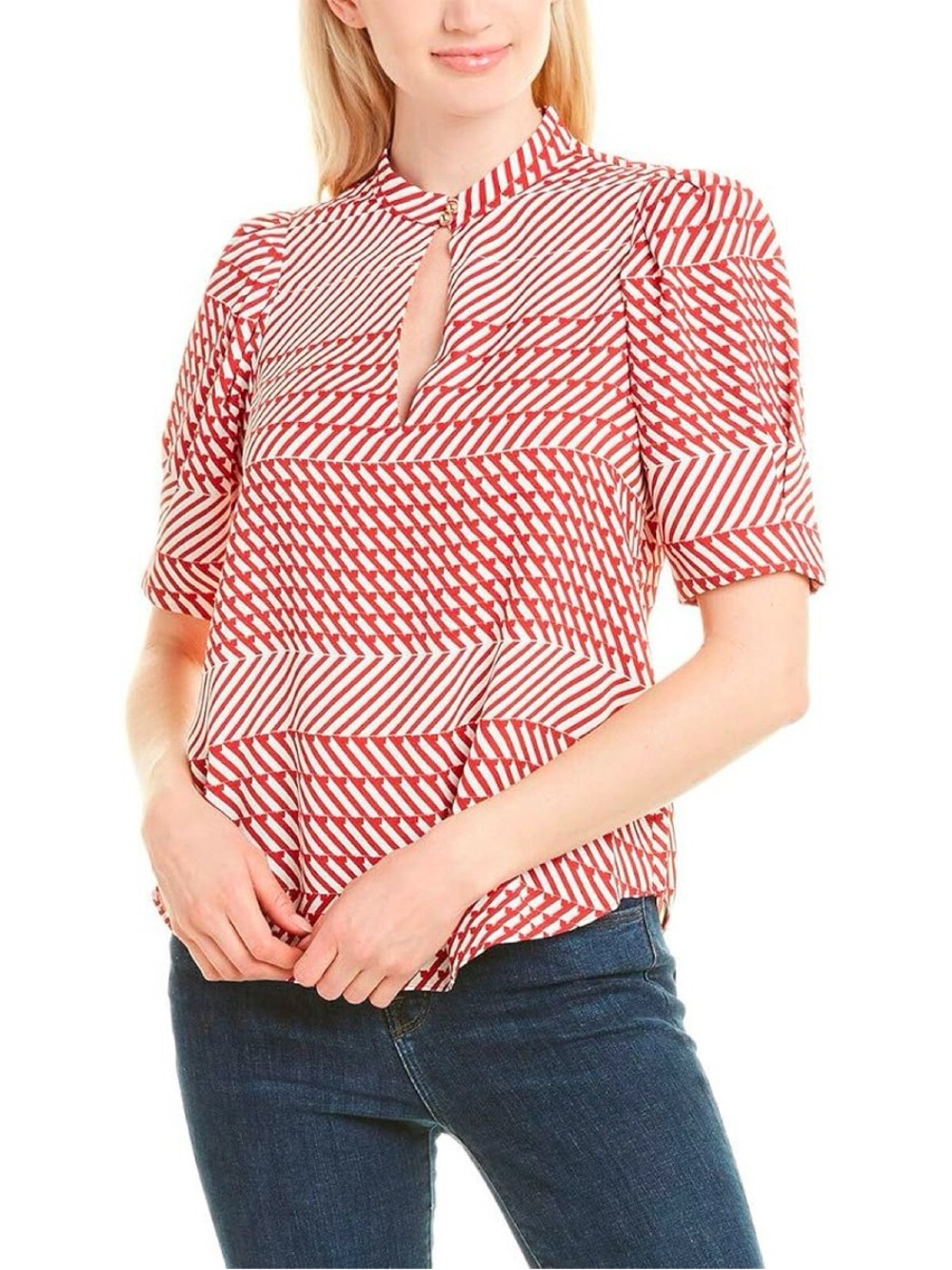 Joie Red and White Geometric Stripe Keyhole Blouse